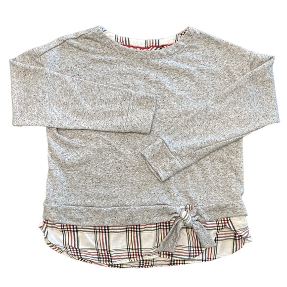IZOD heathered sweatshirt with a faux layered plaid hem and a front tie detail L - Picture 1 of 8
